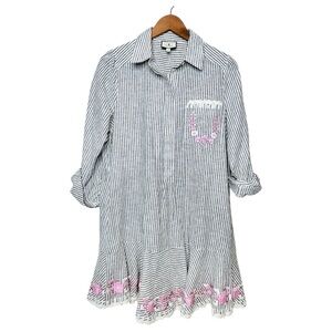 Tuckernuck Callahan Striped Embroidered Shirt Dress Medium Ruffle Hem White Tan